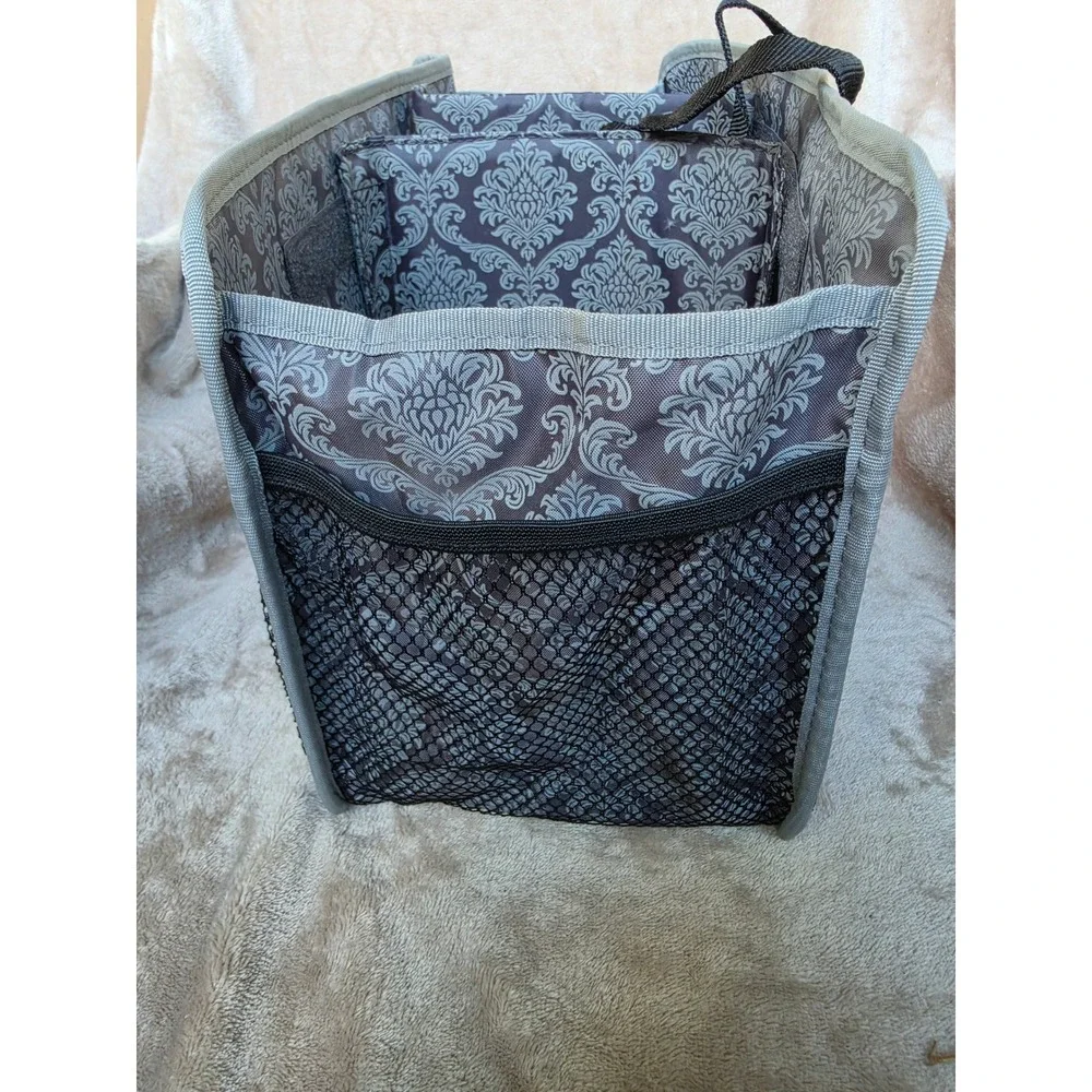 Mary Kay Consultant Organizer Tote Bag Grey Damask Mesh Pockets Travel Caddy
